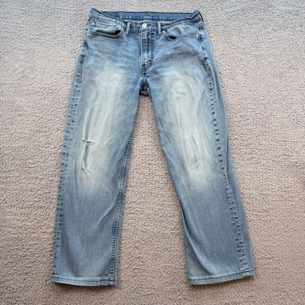 Levis 514 Straight Fit Mens Light Wash Distressed Blue Jeans 34x30